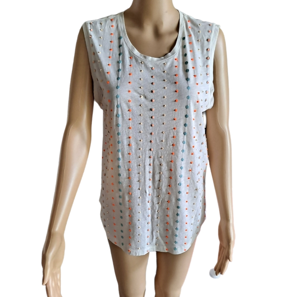 J. Crew white slightly sheer sleeveless curved hem top with "candy butto…